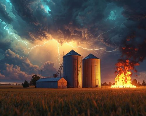 A detailed and vibrant cartoon illustration of a rural farm scene featuring large grain bins under a stormy sky with lightning.