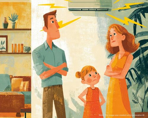 A family in a sun-drenched home reacting with discomfort to a broken air conditioner unit during a hot summer day.