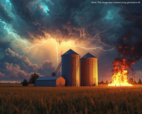 AI illustration of a rural farm scene with large grain bins under a dramatic storm sky with lightning.