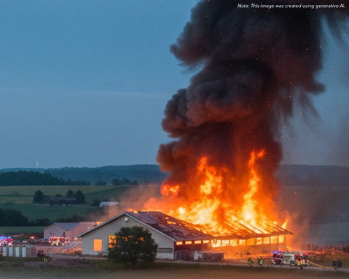 A farm building on fire in a rural setting