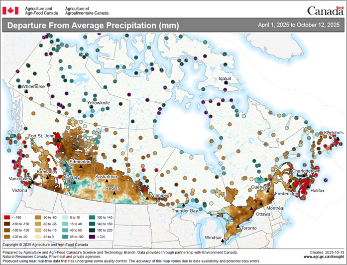 Map of Canada showing precipitation departure from average 2025