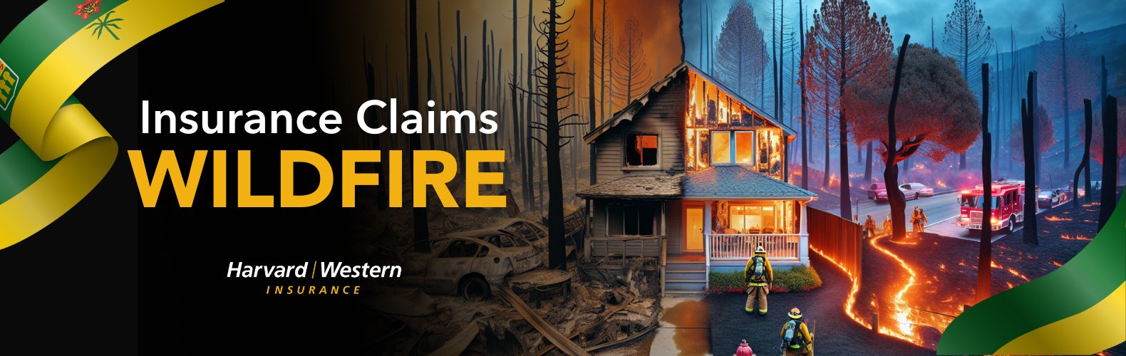 wildfire burns down house split view with SASK Banner